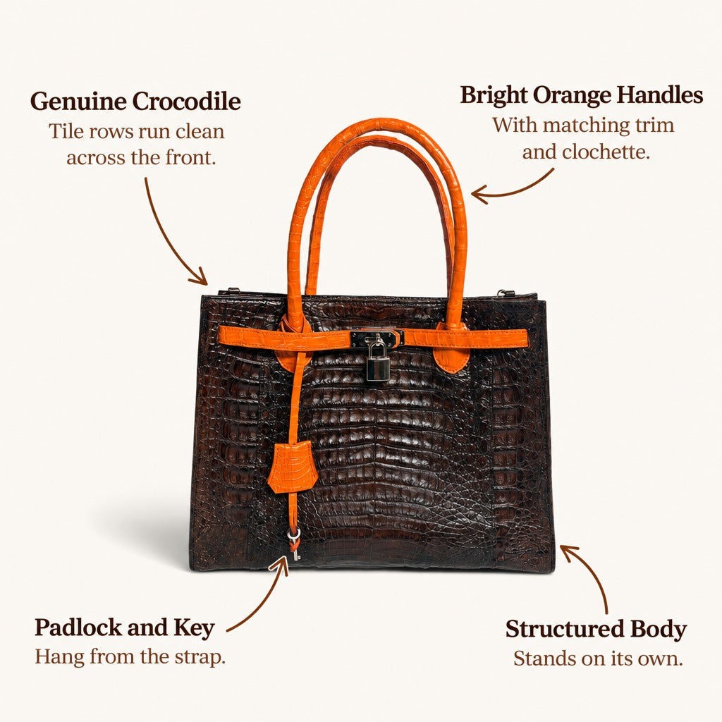 Crocodile Tote with Orange Trim: features and details