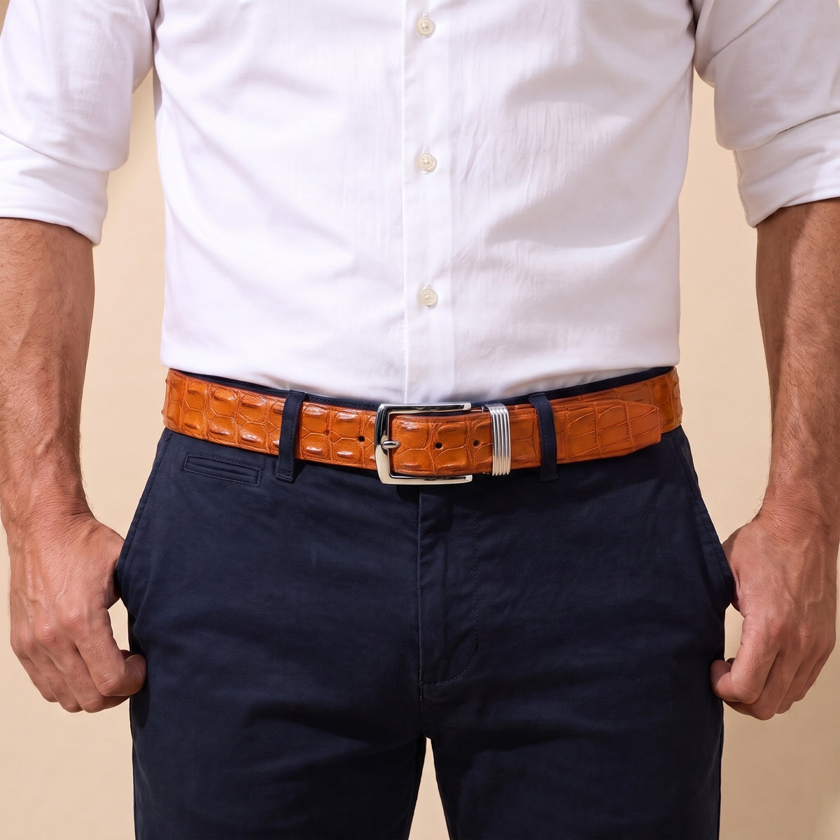 Orange Hornback Crocodile Belt, worn with the buckle at the front