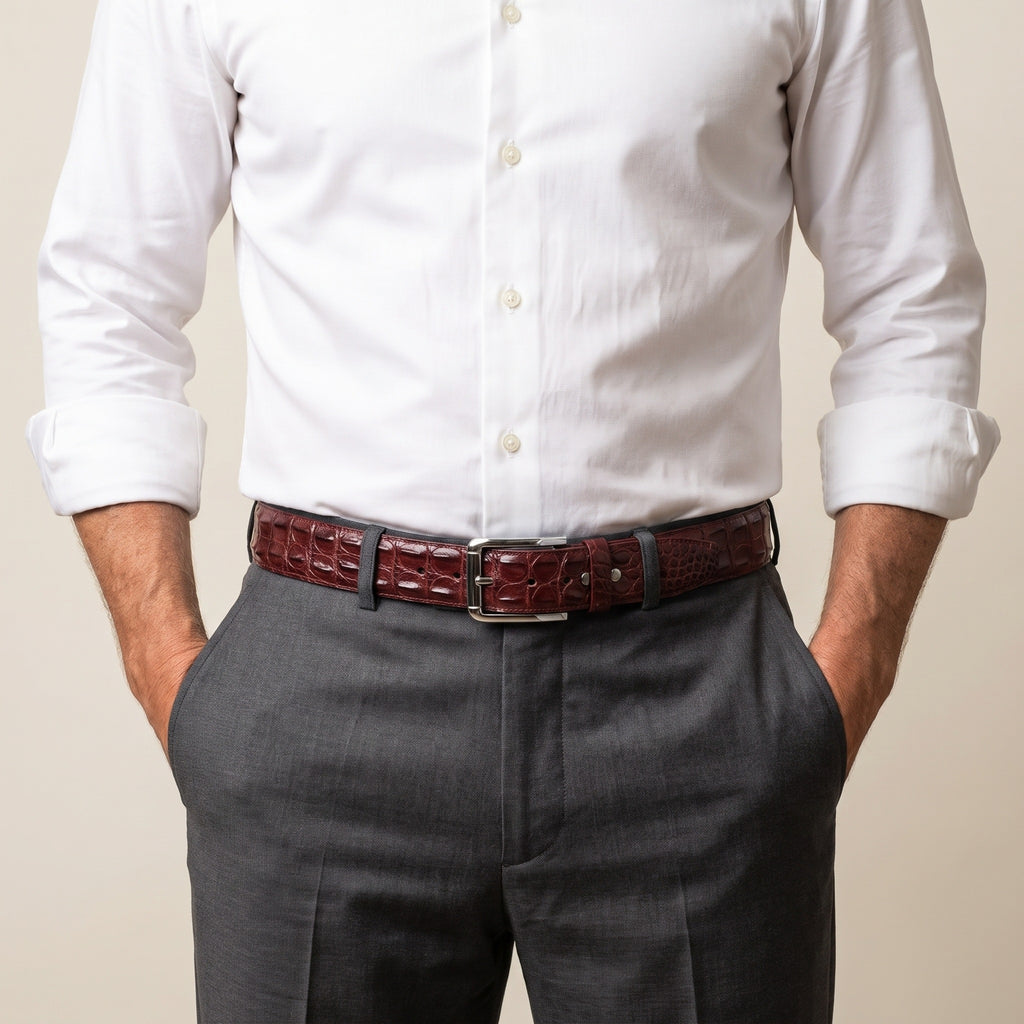 Maroon Hornback Crocodile Belt, worn with the buckle at the front