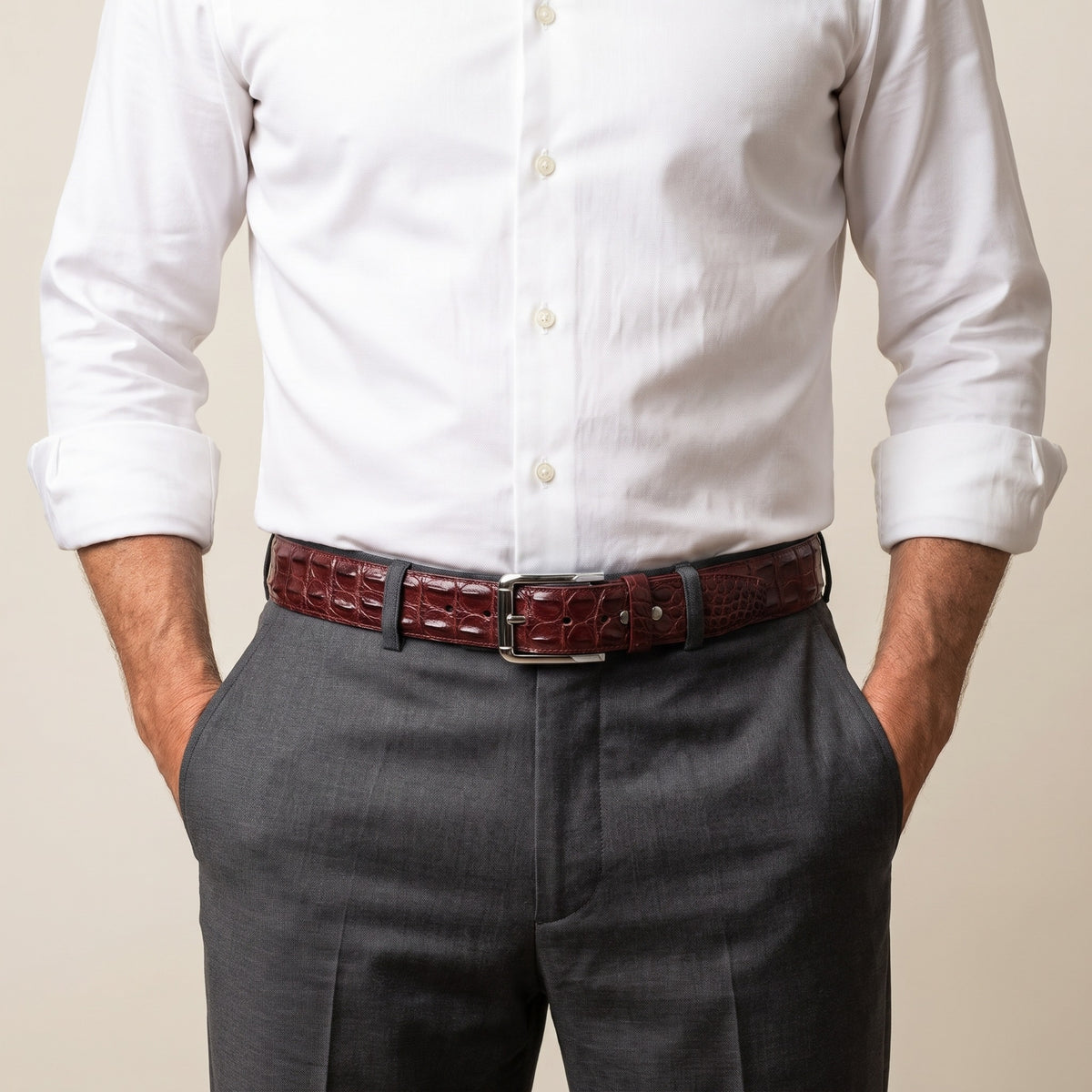 Maroon Hornback Crocodile Belt, worn with the buckle at the front