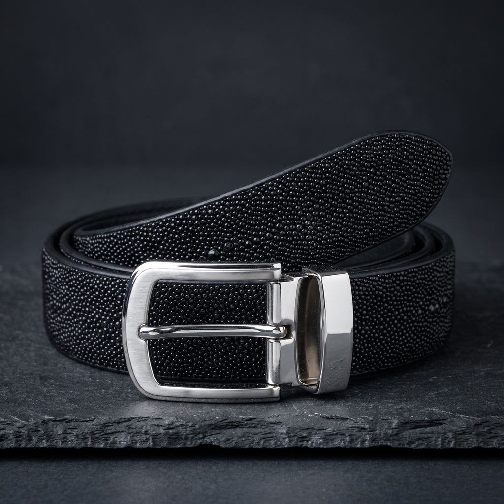 Black Stingray Belt, rolled, on dark slate