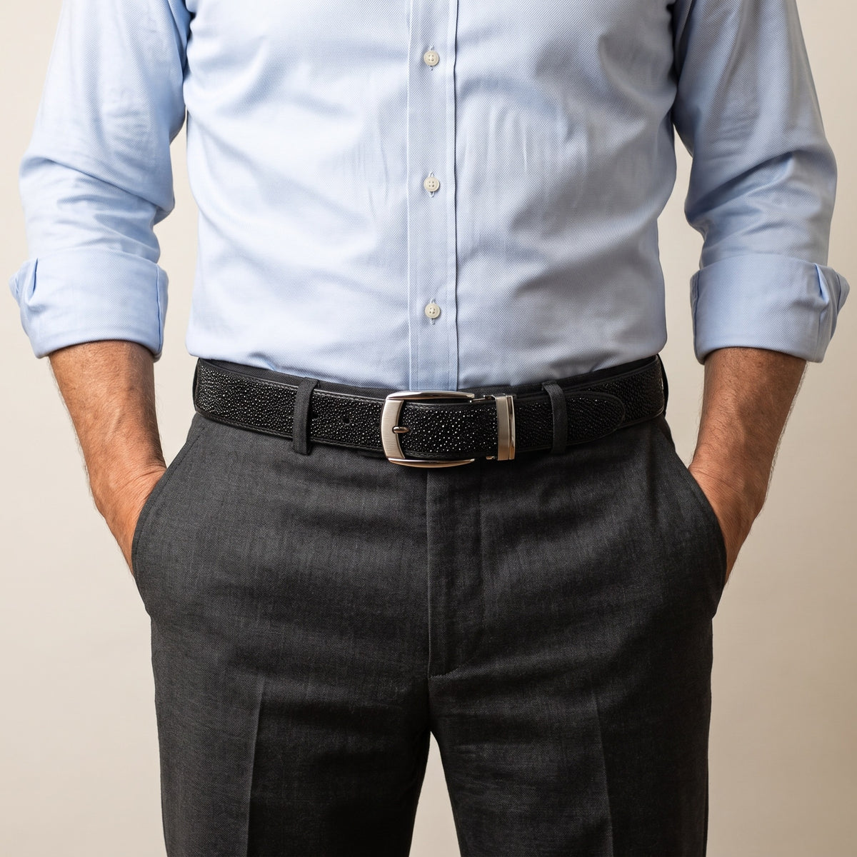 Black Stingray Belt, worn with the buckle at the front