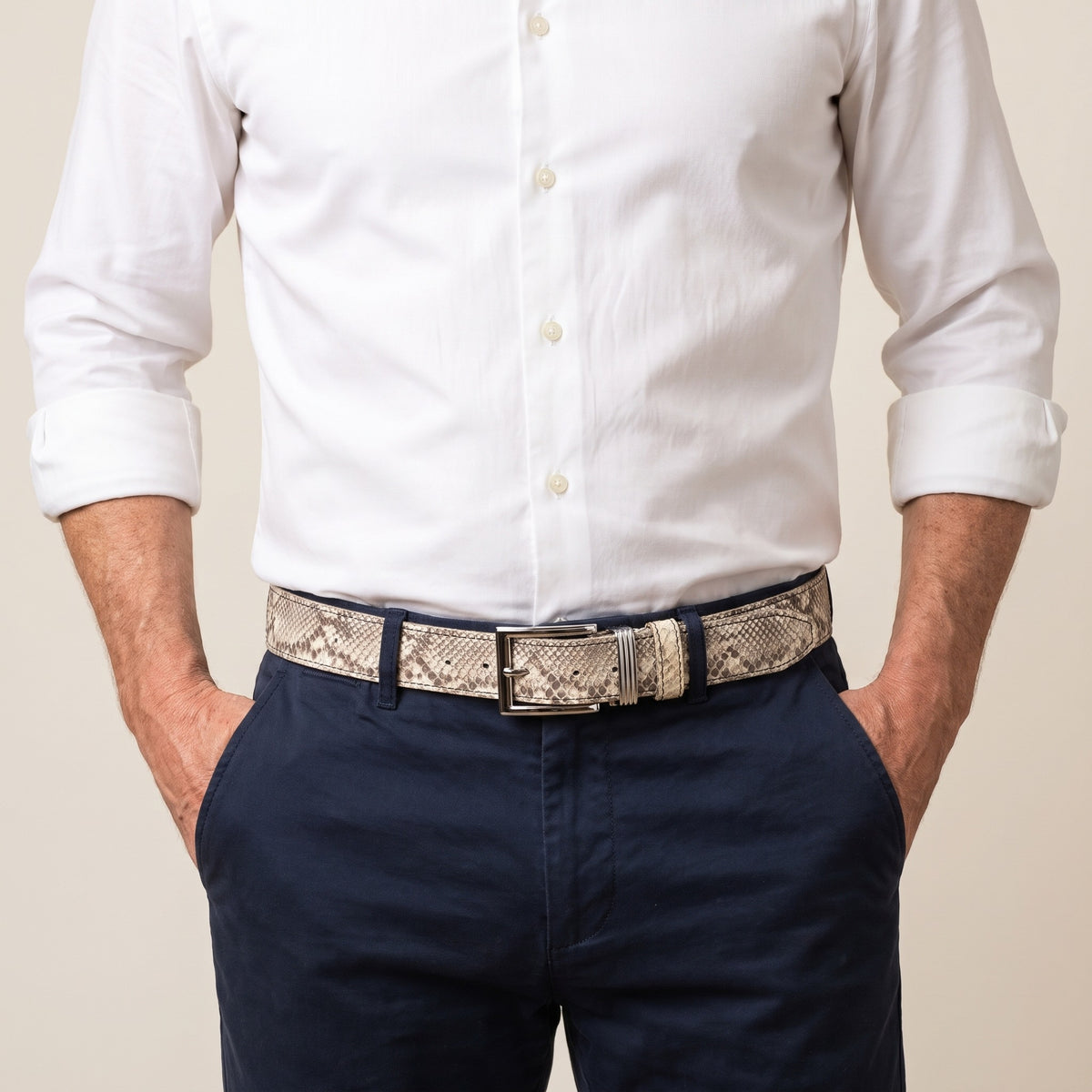 Natural Python Belt, worn with the buckle at the front