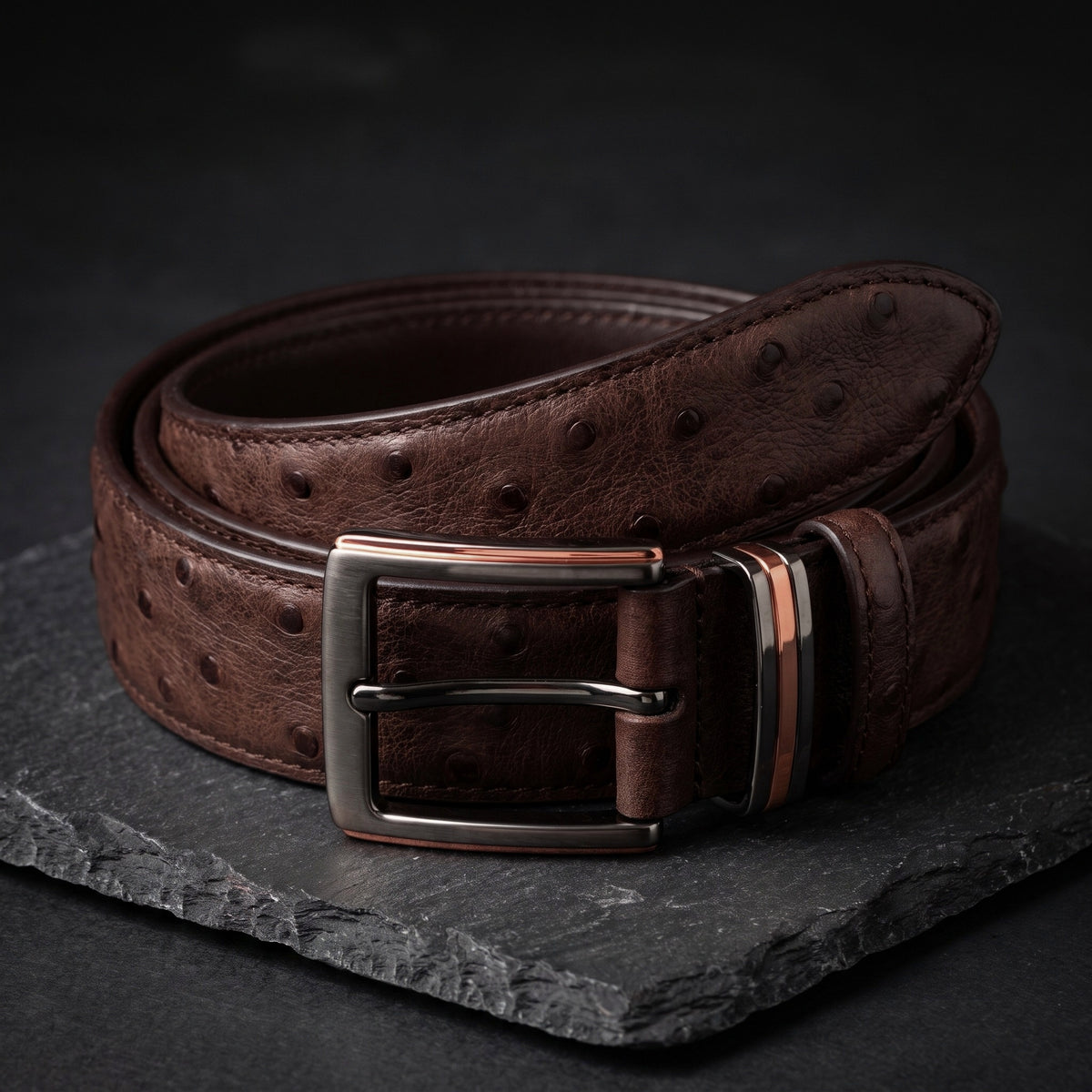 Brown Ostrich Belt, rolled, on dark slate