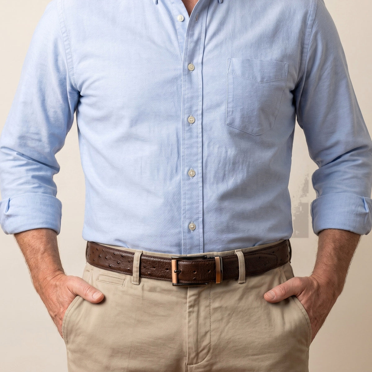 Brown Ostrich Belt, worn with the buckle at the front
