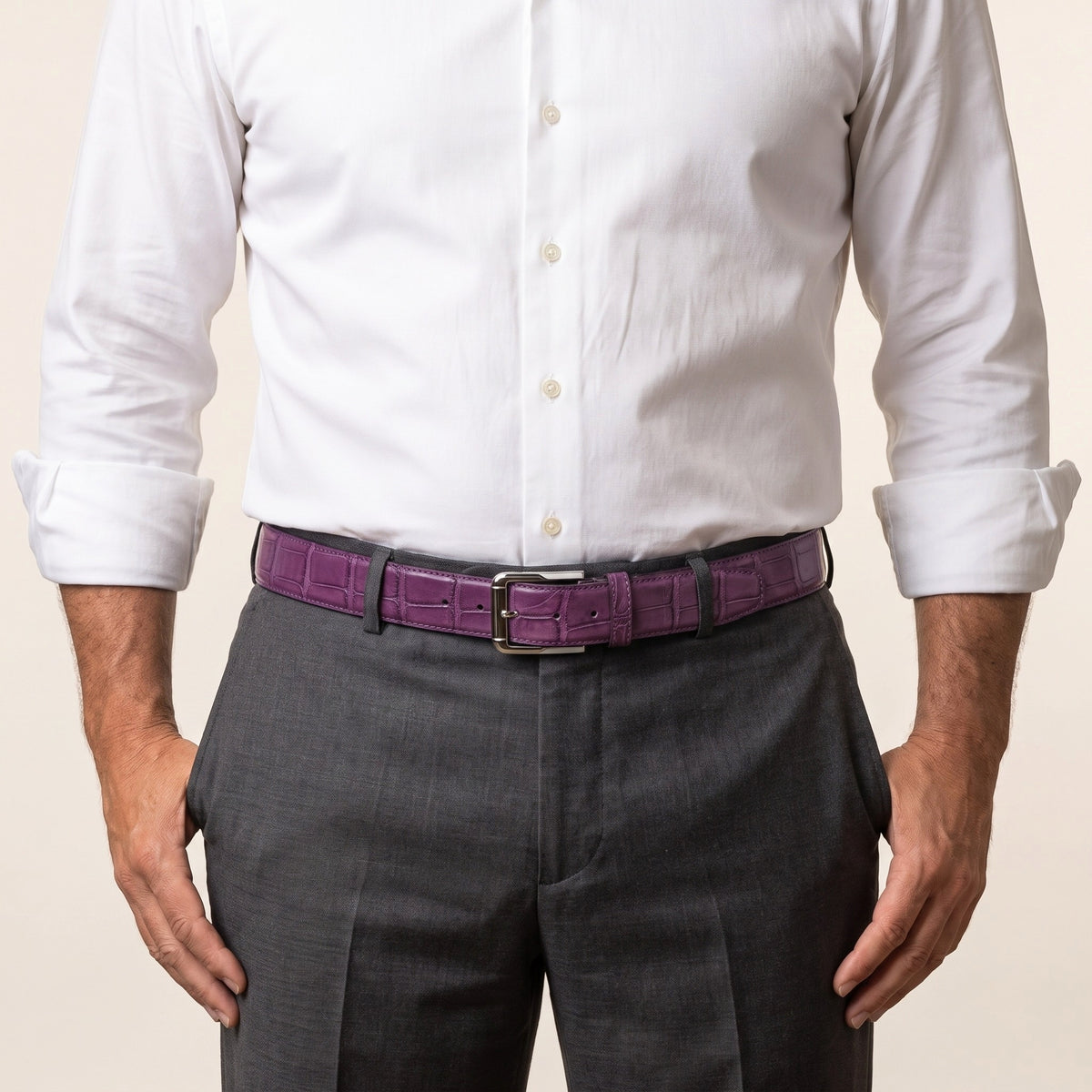 Purple Crocodile Belly Belt, worn with the buckle at the front