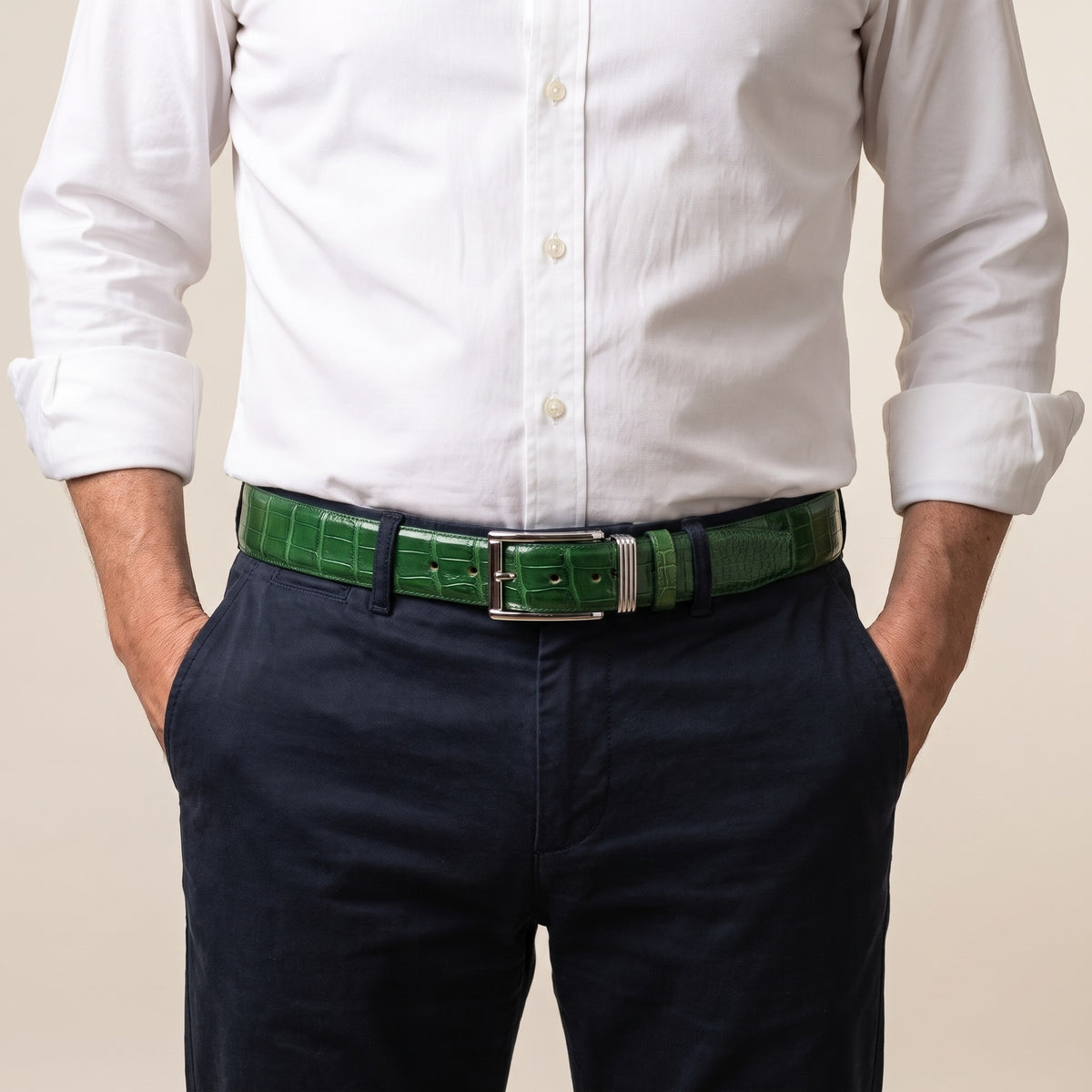 Green Crocodile Belly Belt, worn with the buckle at the front