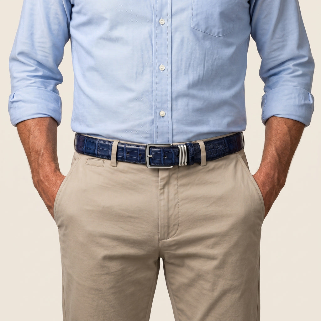 Navy Crocodile Belly Belt, worn with the buckle at the front