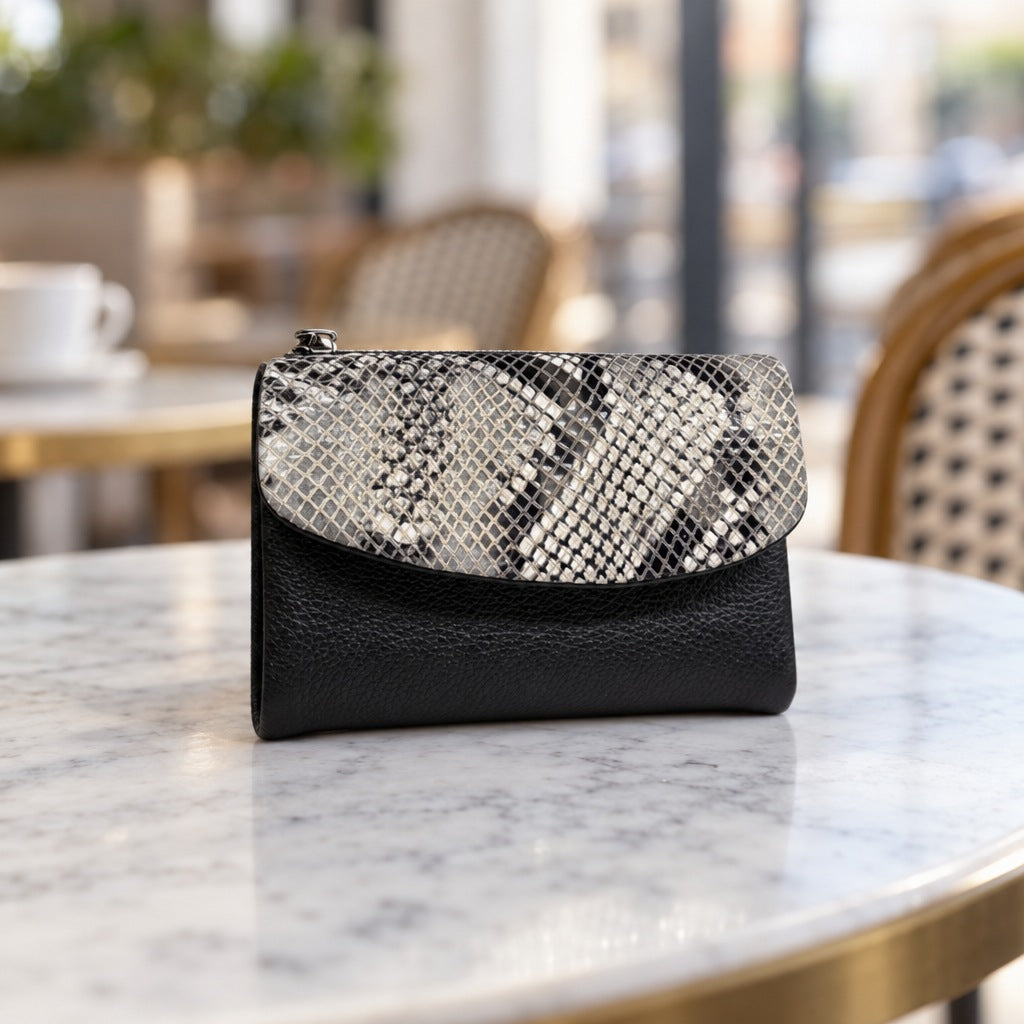 Snake-Embossed Flap Wallet in Black [Black]