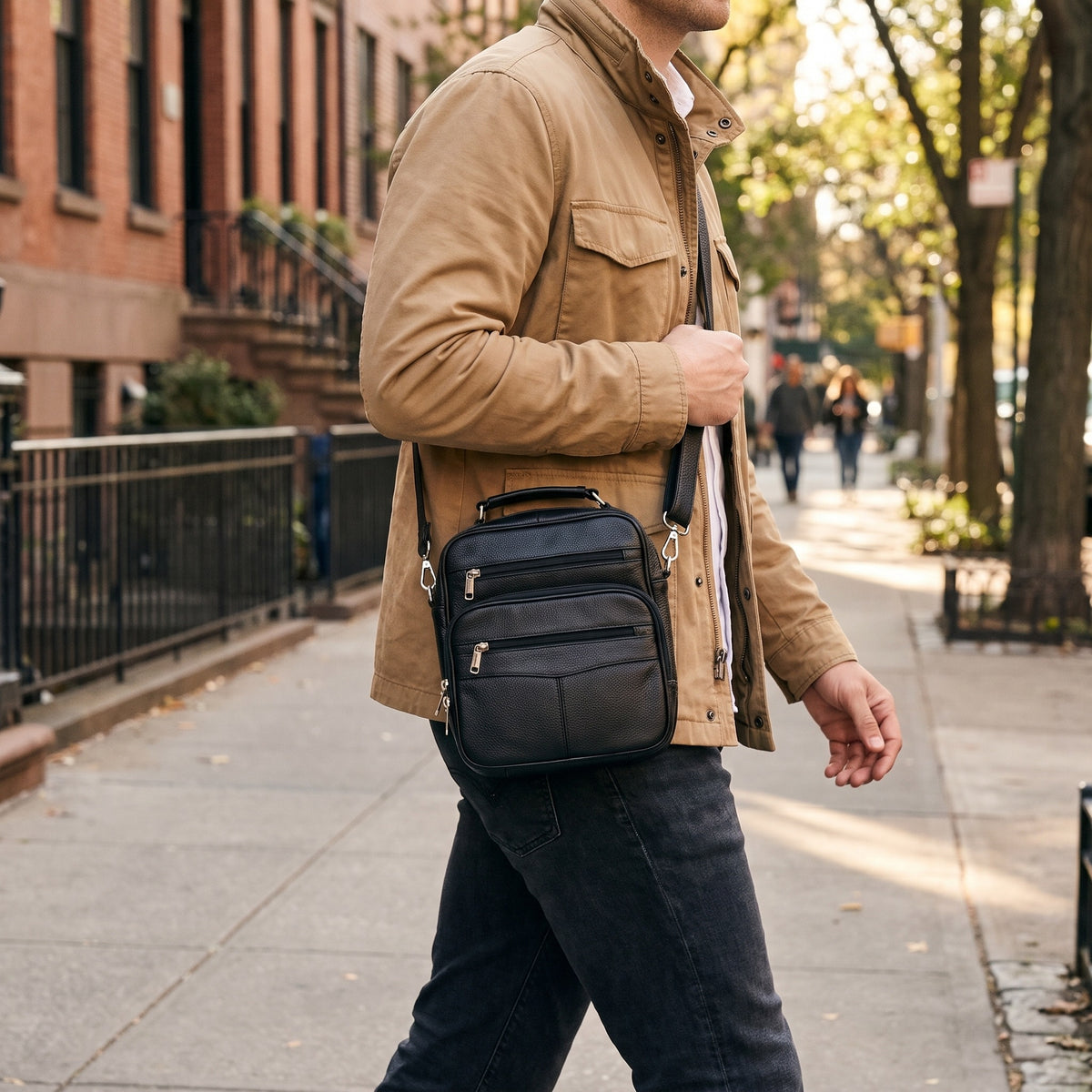 Multi-Pocket Crossbody Bag in Black, worn crossbody [Black]