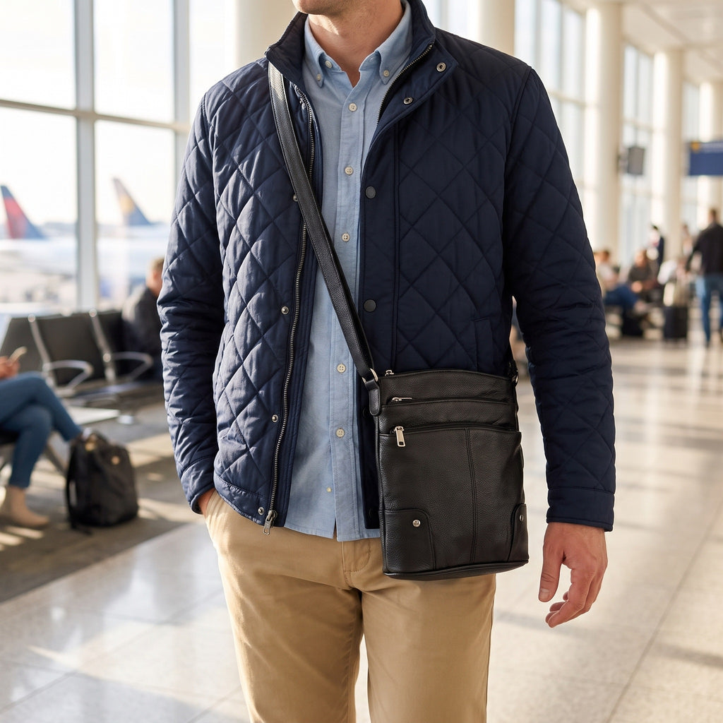 Large Travel Shoulder Bag in Black, worn crossbody [Black]