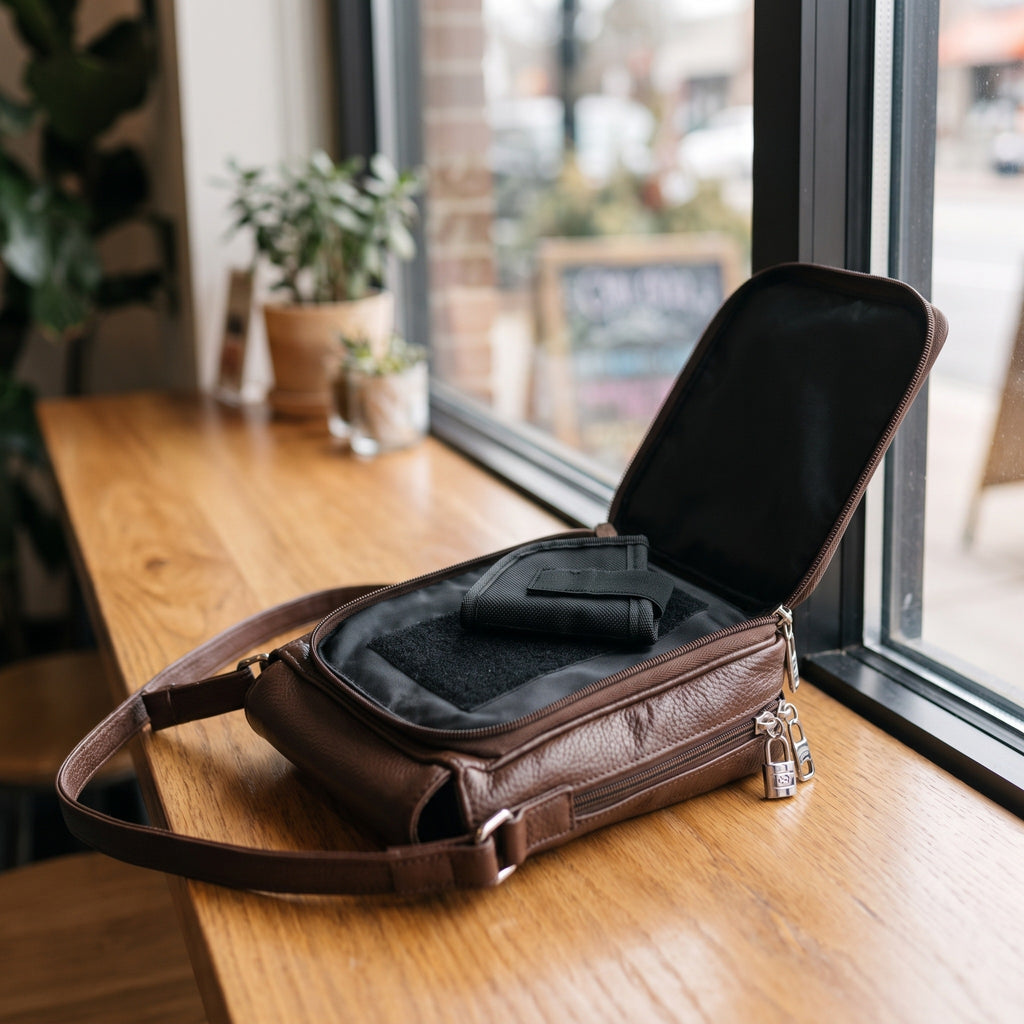 Concealed Carry Flap Crossbody in Brown, open, showing the holster compartment [Brown]