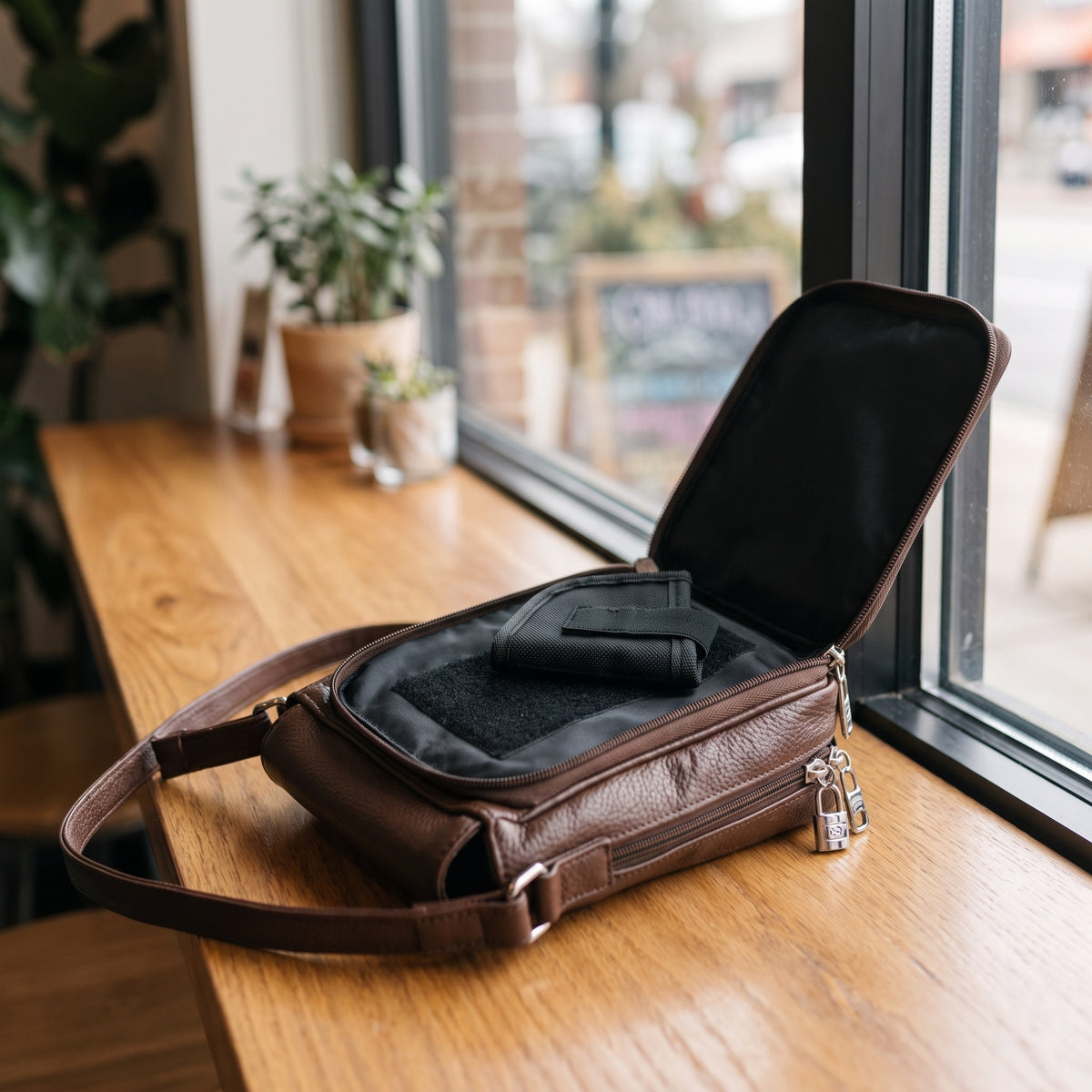 Concealed Carry Flap Crossbody in Brown, open, showing the holster compartment [Brown]