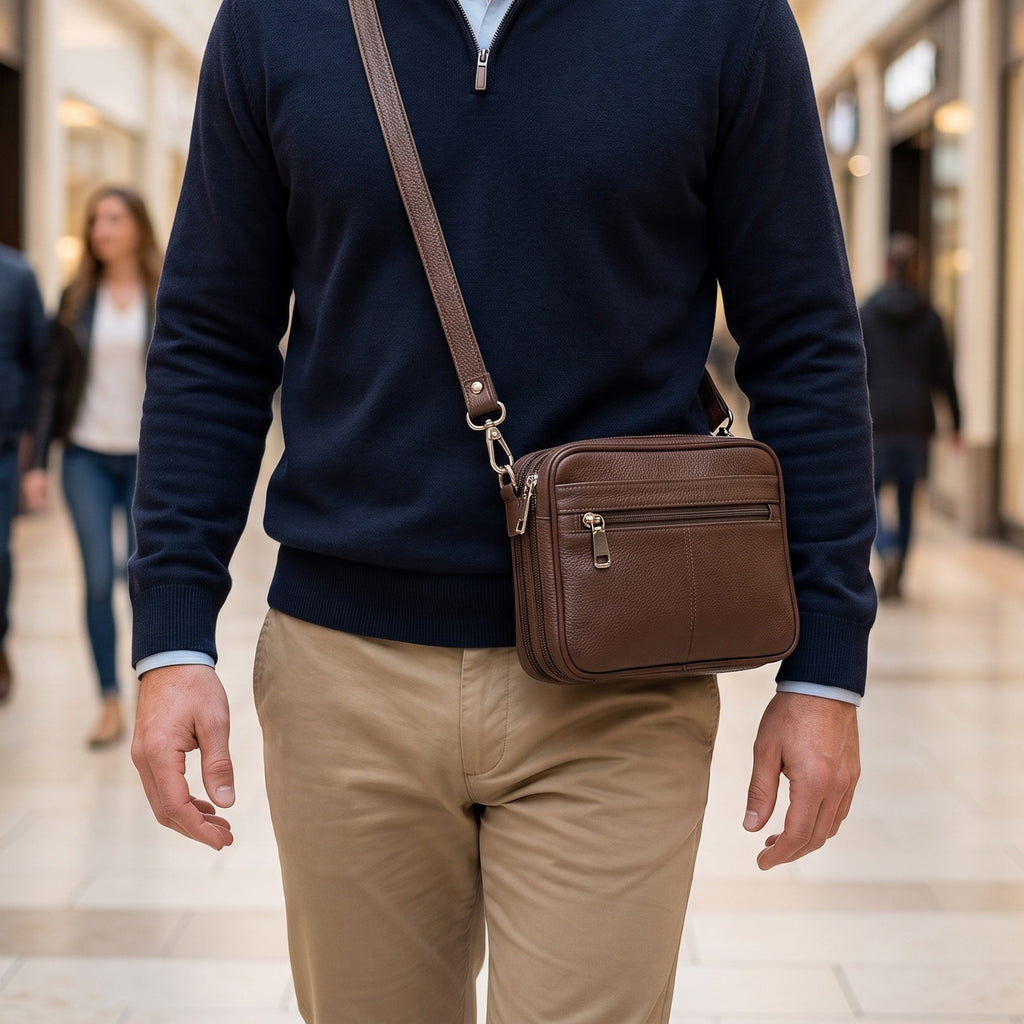 Concealed Carry Zip Crossbody in Brown, worn [Brown]