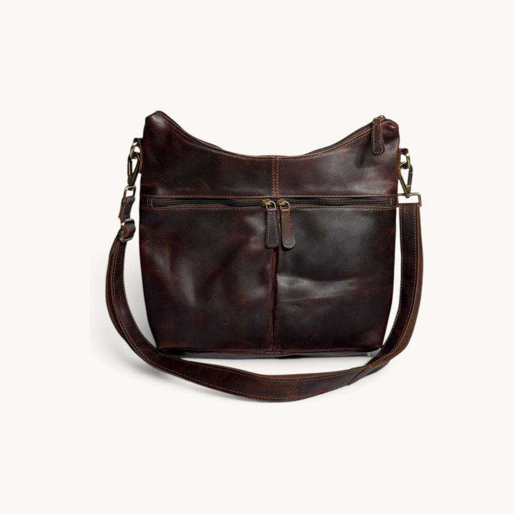 Zip Front Shoulder Bag - Brown