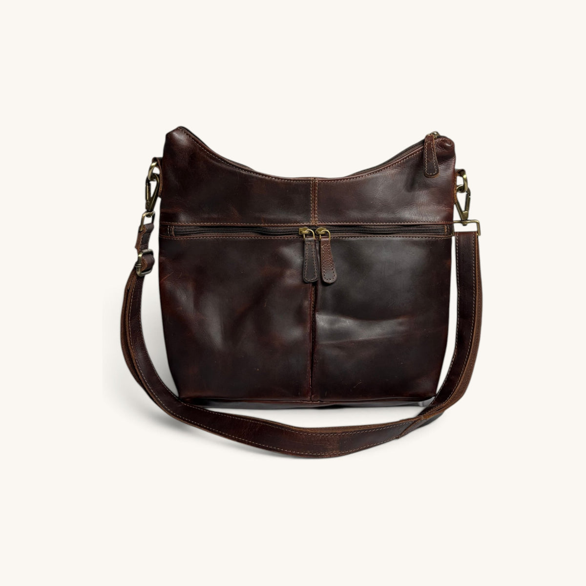 Zip Front Shoulder Bag - Brown