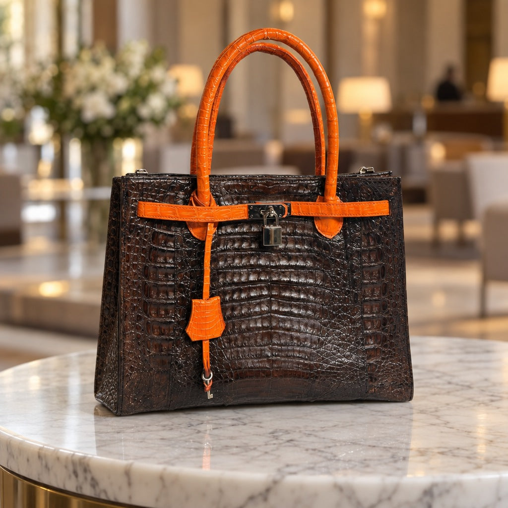 Crocodile Tote with Orange Trim, front view