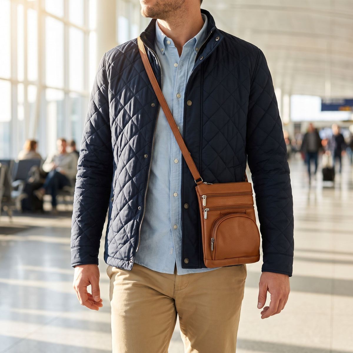 Travel Shoulder Bag in Cognac, worn crossbody [Cognac]