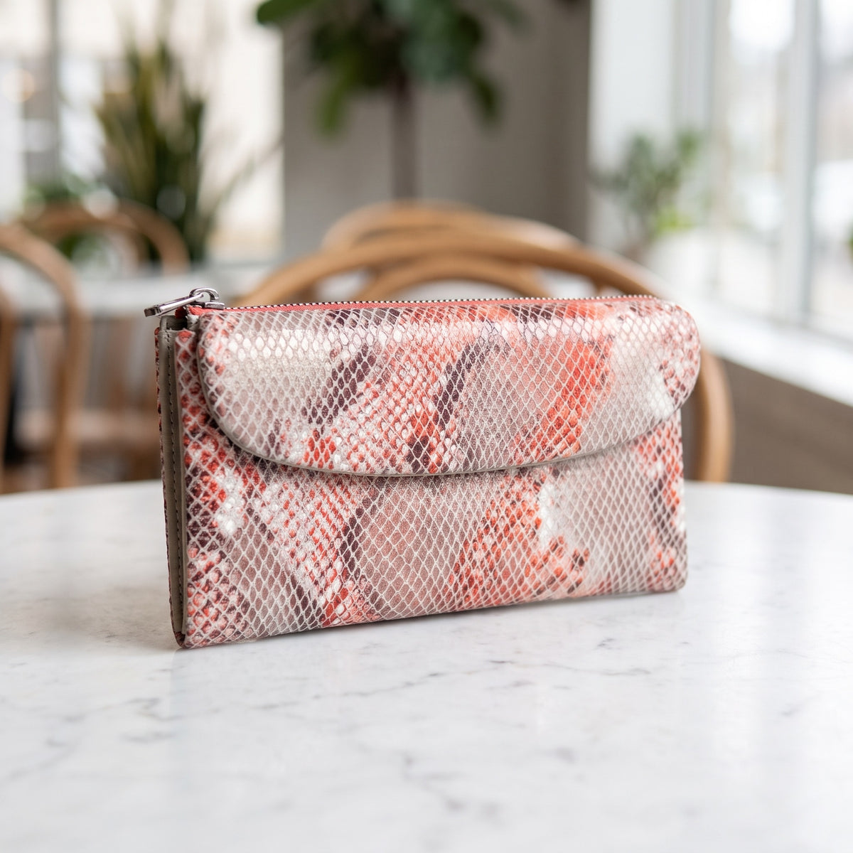 Snake-Embossed Clutch in Coral [Coral]