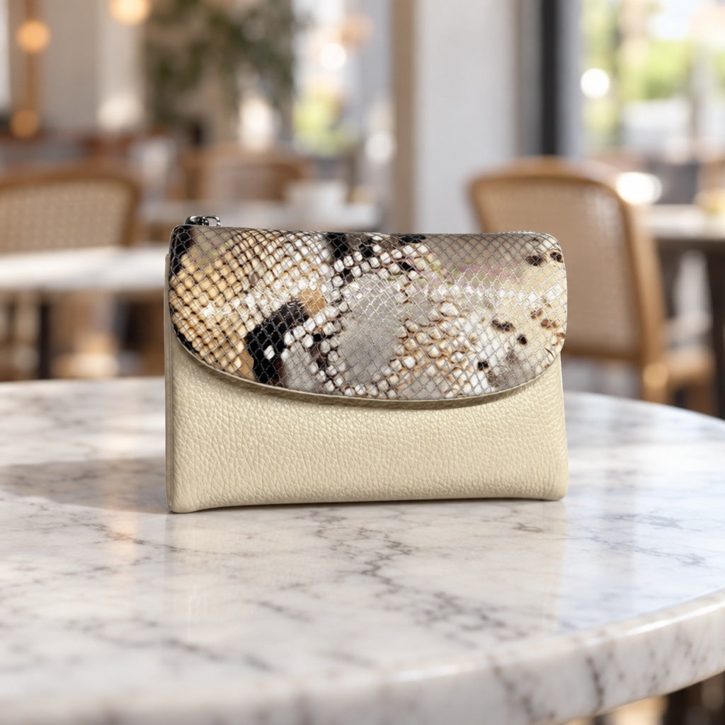 Snake-Embossed Flap Wallet in Cream [Cream]