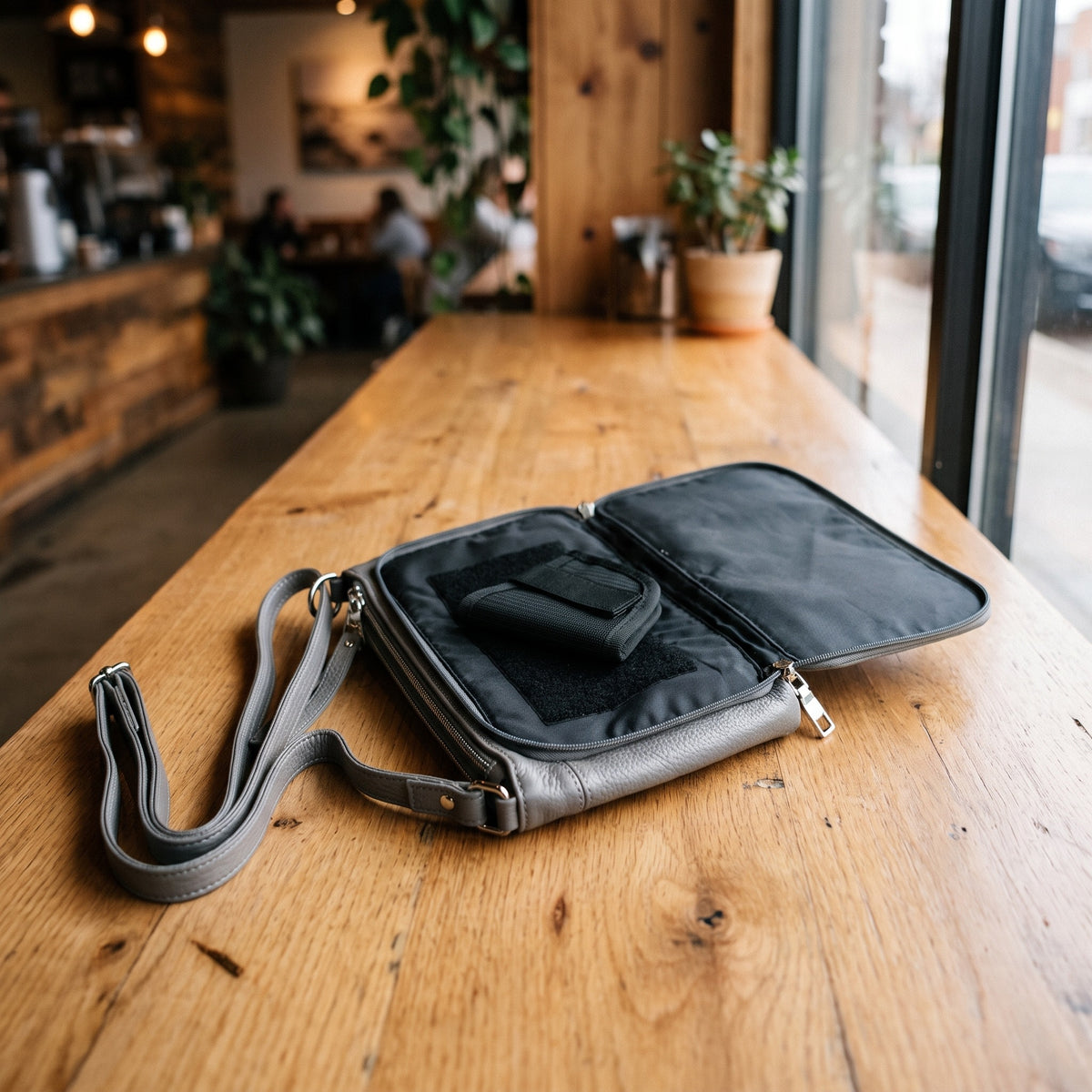 Concealed Carry Purse in Gray, open, showing the holster compartment [Gray]