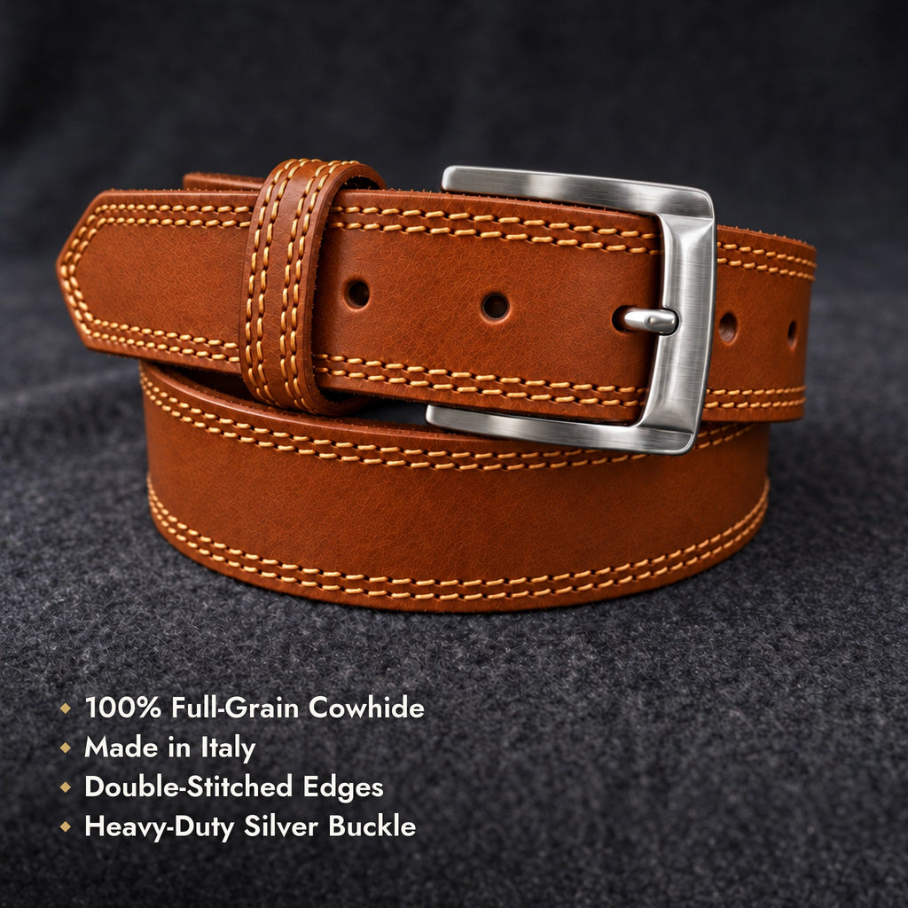 The Italian One-Piece in Cognac: 100% full-grain cowhide, made in Italy, double-stitched edges, heavy-duty silver buckle [Cognac]