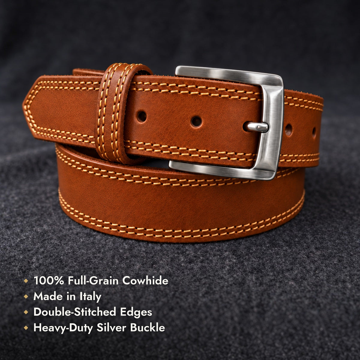 The Italian One-Piece in Cognac: 100% full-grain cowhide, double-stitched edges, heavy-duty silver buckle [Cognac]