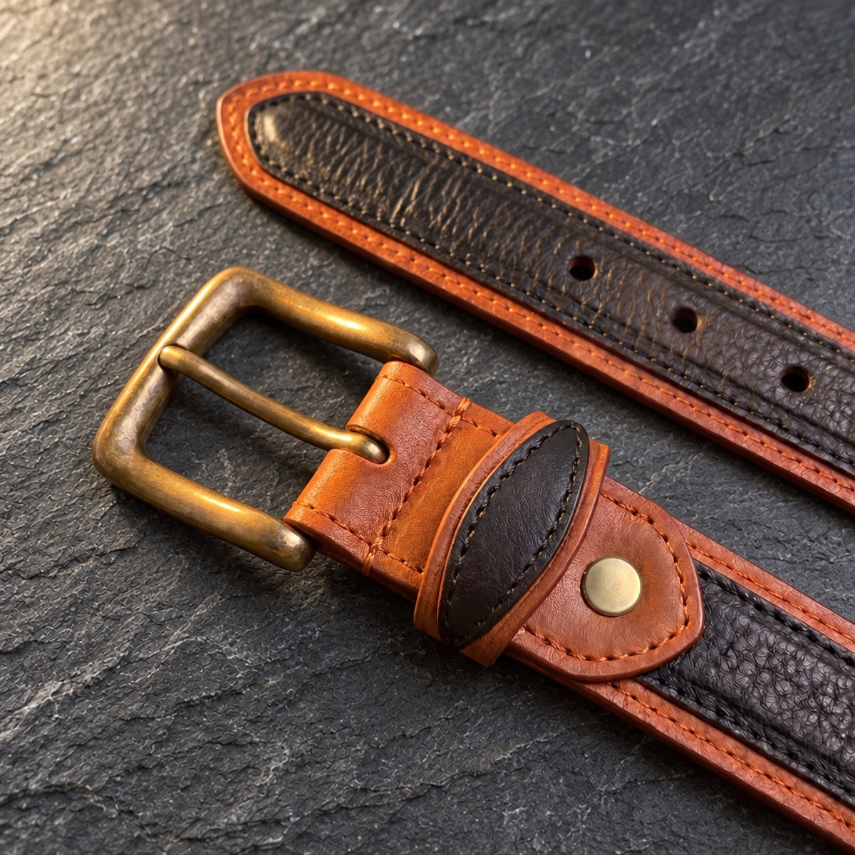 The Italian Two-Layer in Black: antique brass buckle, cognac double-stitched edge [Black]