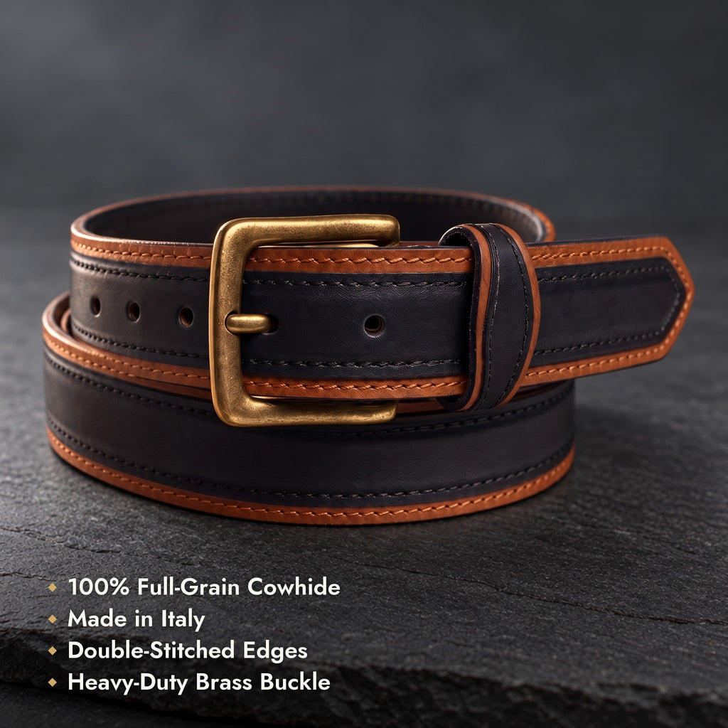 Men's Italian Full-Grain Leather Belt, Two-Layer, Brass Buckle ...