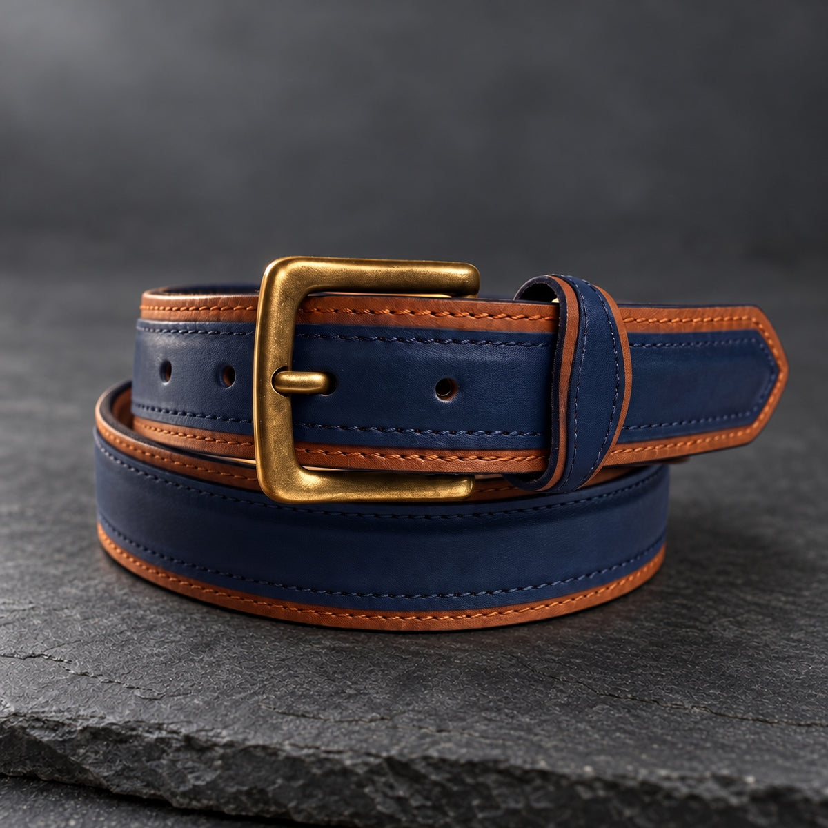 The Italian Two-Layer belt in Navy on dark slate [Navy]