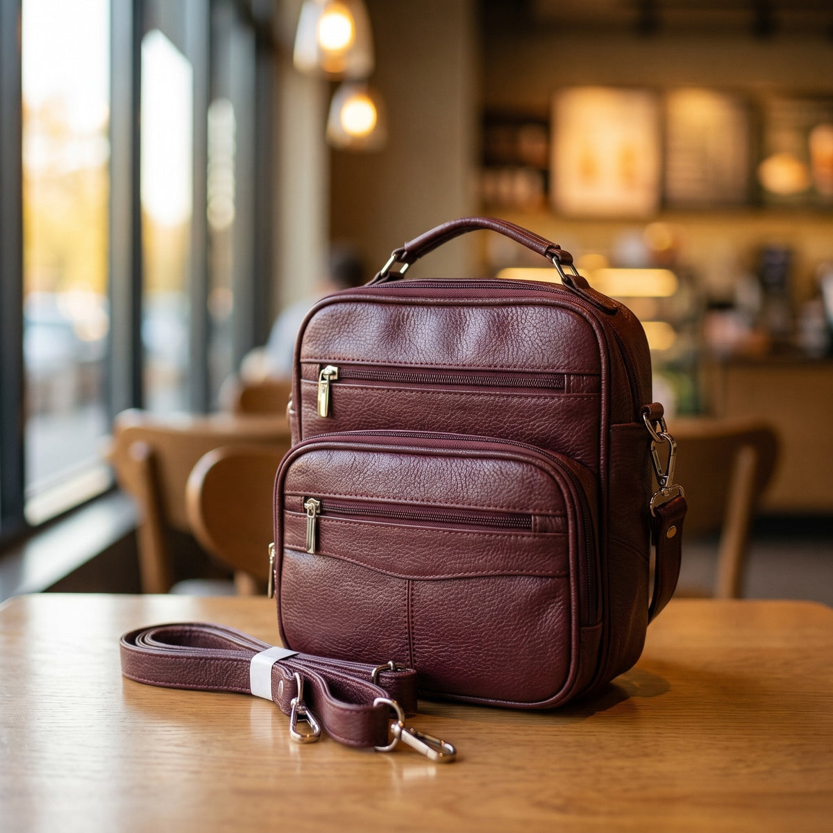 Multi-Pocket Crossbody Bag in Maroon, front view [Maroon]