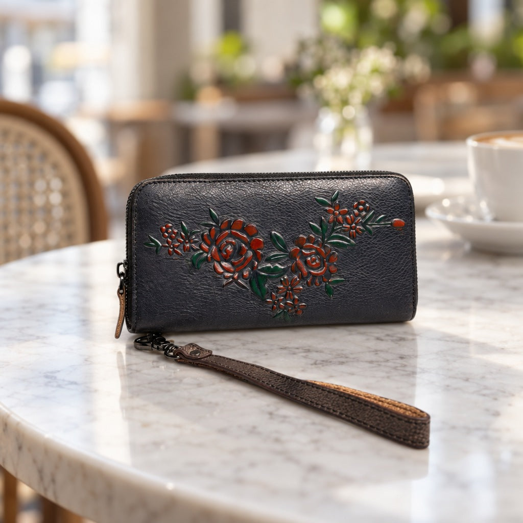 Floral Embossed Wristlet in Navy [Navy]