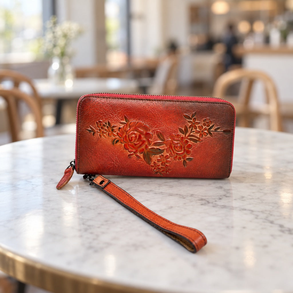 Floral Embossed Wristlet in Red [Red]