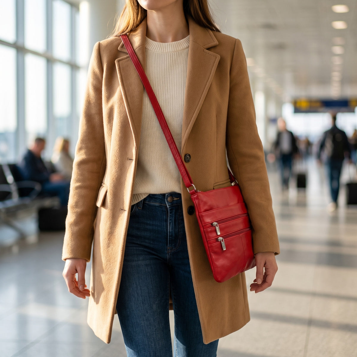 Everyday Travel Bag in Red, worn crossbody [Red]