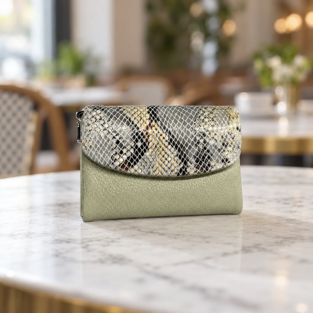 Snake-Embossed Flap Wallet in Sage [Sage]