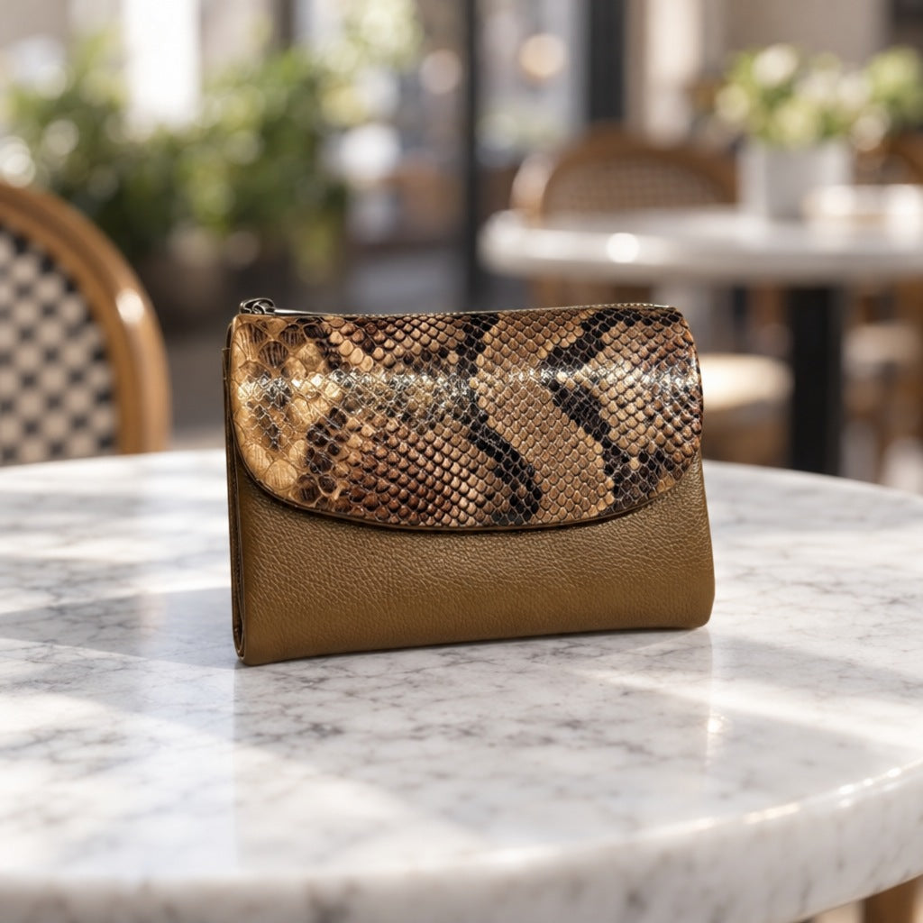 Snake-Embossed Flap Wallet in Tan [Tan]