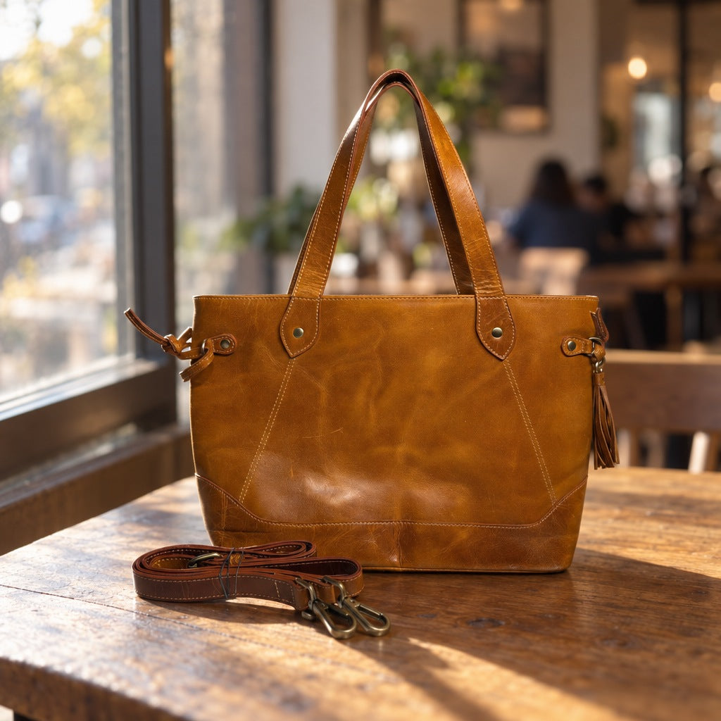 Leather Tote in Tan, front view [Tan]