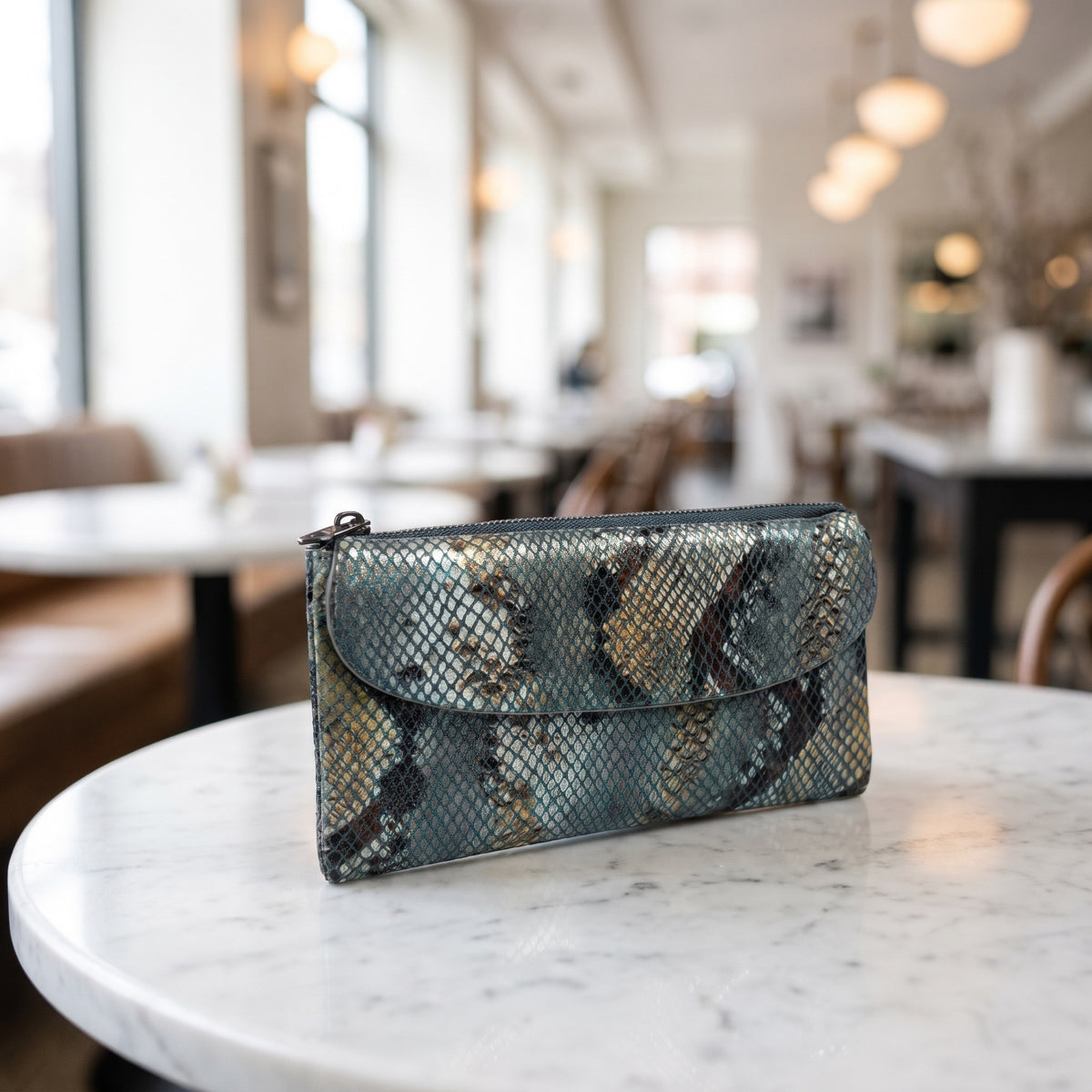 Snake-Embossed Clutch in Teal [Teal]