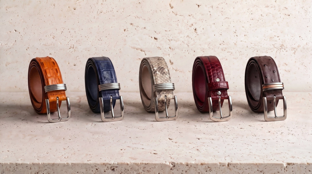 Five genuine exotic belts: orange hornback, navy crocodile belly, natural python, maroon hornback and brown ostrich