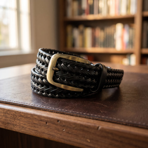 The Braided Leather Belt in Black, on a walnut executive desk [Black]