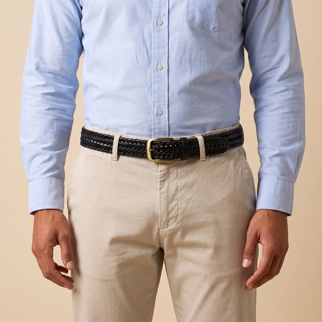 The Braided Leather Belt in Black, worn, front view [Black]