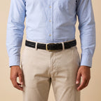 The Braided Leather Belt in Black, worn, front view [Black]