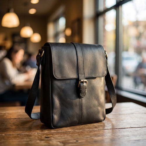 Buckle Messenger Satchel in Black, on a café table [Black]