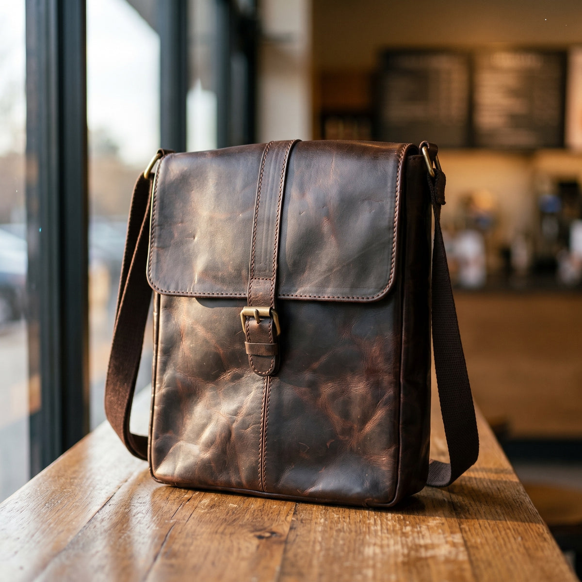 Buckle Messenger Satchel in Dark Brown, on a café table [Dark Brown]