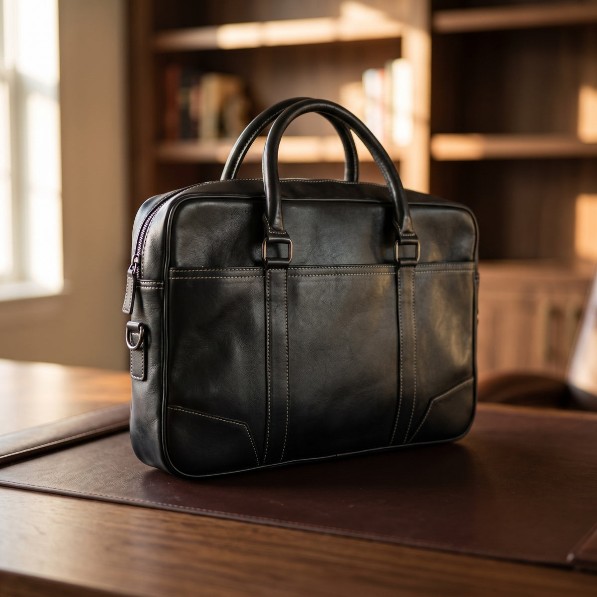Contrast Stitch Briefcase in Black, on a walnut executive desk [Black]