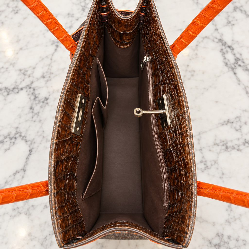 Crocodile Tote with Orange Trim, inside: lining, zip pocket and slip pocket