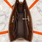 Crocodile Tote with Orange Trim, inside: lining, zip pocket and slip pocket