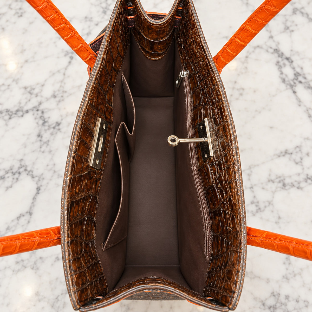 Crocodile Tote with Orange Trim, inside: lining, zip pocket and slip pocket