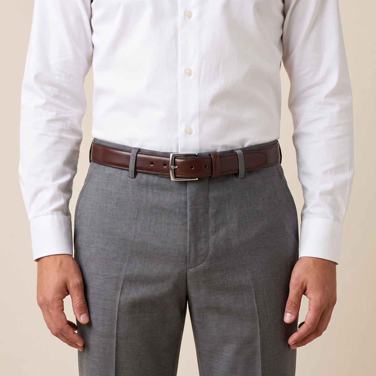 The Executive Dress Belt in Brown, worn, front view [Brown]