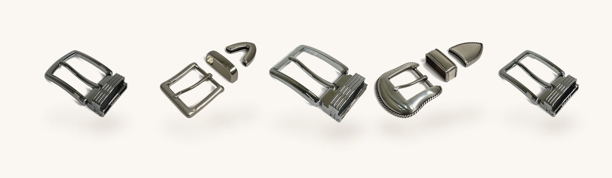 Silver clamp buckles and three-piece sets for exotic skin belts